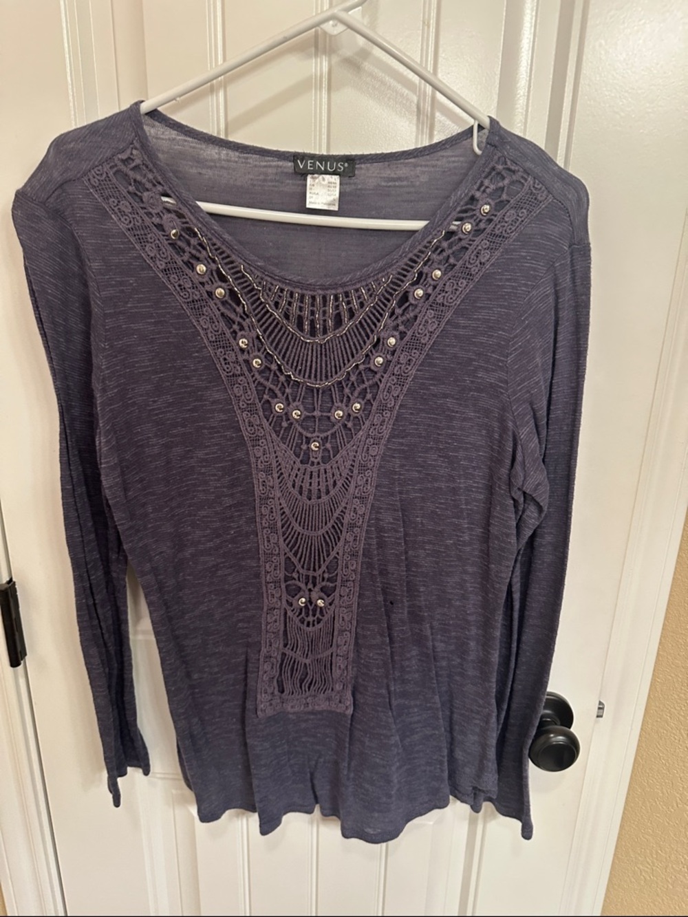 VENUS Blue Long Sleeve Crochet-Front Top with Stud Detail